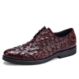 Phenkang Men Genuine Leather Crocodile Shoes Formal Dress Classic Style Burgundy Mens Wedding Lace Up Pointed Toe Oxford Shoes aidase-shop