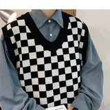 Aidase Men Korean fashion knitted sweater vest 2021 mens winter harajuku plaid pullovers male colorful v-neck sweaters 5XL aidase-shop