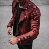 Aidase Plain Lapel Standard Zipper Men's Leather Jacket Red Zipper PU Jacket Coat Long Sleeve Lapel Casual Slim Leather Jacket Coat aidase-shop