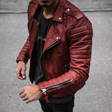 Aidase Plain Lapel Standard Zipper Men's Leather Jacket Red Zipper PU Jacket Coat Long Sleeve Lapel Casual Slim Leather Jacket Coat aidase-shop