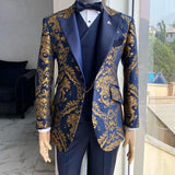 Aidase  2022 Floral Tuxedo Suits for Men Wedding Slim Fit Navy Blue and Gold Gentleman Jacket with Vest Pant 3 Piece Male Costume aidase-shop