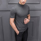 Men's Cotton T-shirt Sweater Half Turtleneck Solid Suck Sweat High Quality De Yq Clothing Knitted Casual Short Sleeve Pullover aidase-shop