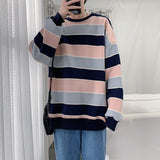 Long-sleeved striped T-shirt men's Korean loose hip hop top trend all-match handsome Hong Kong style O-neck casual sweatshirt aidase-shop