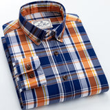 England Style Contrast Casual Checkered Shirts Pocketless Button-down Soft 100% Cotton  Long Sleeve Standard-fit Plaid Shirt aidase-shop