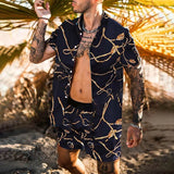 New Men's Hawaiian Print Lapel Short Sleeve Shirt Set Summer Men's Fashion Beach Print Quick-drying Shorts Set Two-piece S-3XL aidase-shop