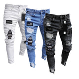 Aidase  Men Stretchy Ripped Skinny Biker Embroidery Cartoon Print Jeans Destroyed Hole Slim Fit Denim High Quality Hip Hop Black Jeans aidase-shop