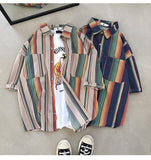 Summer Striped Shirt Men's Fashion Contrast Color Casual Short Sleeve Shirt Men Streetwear Wild Loose Dress Shirts Mens S-2XL aidase-shop