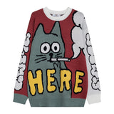 Aidase Men Sweater Cartoon Funny Cat Print O-Nec Pullover Sweaters Men Soft Slim Casual High Street Fashion Autumn Streetwear aidase-shop