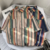 Summer Striped Shirt Men's Fashion Contrast Color Casual Short Sleeve Shirt Men Streetwear Wild Loose Dress Shirts Mens S-2XL aidase-shop