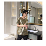 Reflective Sequins T Shirt Men Fashion Casual Short-sleeved T-shirt Men Streetwear Hip Hop Loose Performance Tshirt Man Tops aidase-shop