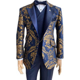 Aidase  2022 Floral Tuxedo Suits for Men Wedding Slim Fit Navy Blue and Gold Gentleman Jacket with Vest Pant 3 Piece Male Costume aidase-shop