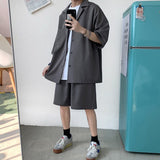 Korean Style Men's Set Suit Jacket and Shorts Solid Thin Short Sleeve Single Pocket Knee-Length Summer Oversized Clothing Man aidase-shop