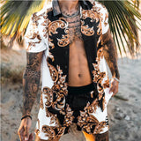 New Men's Hawaiian Print Lapel Short Sleeve Shirt Set Summer Men's Fashion Beach Print Quick-drying Shorts Set Two-piece S-3XL aidase-shop