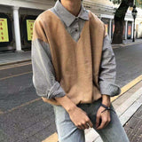 Aidase 2021 Men's Fake Two Clothes Pullover Lapel Collar Knitting BF Korean Style Coats Top Student Sweaters Fashion Trend Outerwear aidase-shop