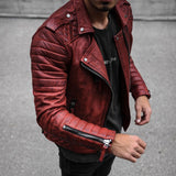 Aidase Plain Lapel Standard Zipper Men's Leather Jacket Red Zipper PU Jacket Coat Long Sleeve Lapel Casual Slim Leather Jacket Coat aidase-shop