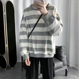 Long-sleeved striped T-shirt men's Korean loose hip hop top trend all-match handsome Hong Kong style O-neck casual sweatshirt aidase-shop