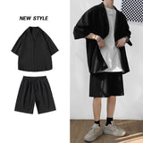 Korean Style Men's Set Suit Jacket and Shorts Solid Thin Short Sleeve Single Pocket Knee-Length Summer Oversized Clothing Man aidase-shop