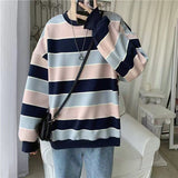 Long-sleeved striped T-shirt men's Korean loose hip hop top trend all-match handsome Hong Kong style O-neck casual sweatshirt aidase-shop