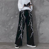 Aidase 2022 Men's casual pants dark lightning print loose all-match retro pants high street straight wide-leg pants sports pants mens autumn aidase-shop