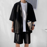 Korean Style Men's Set Suit Jacket and Shorts Solid Thin Short Sleeve Single Pocket Knee-Length Summer Oversized Clothing Man