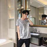 Reflective Sequins T Shirt Men Fashion Casual Short-sleeved T-shirt Men Streetwear Hip Hop Loose Performance Tshirt Man Tops aidase-shop