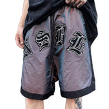 Letter Embroidery Casual Shorts Mens High Street Hip-hop Contrast Paneled Half Pants Elastic Waist Loose Knee-length Shorts Men aidase-shop