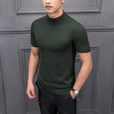 Men's Cotton T-shirt Sweater Half Turtleneck Solid Suck Sweat High Quality De Yq Clothing Knitted Casual Short Sleeve Pullover aidase-shop