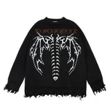 Aidase  Skeleton Jacquard Sweater Mens High Street Autumn Knitted Sweater Raw Hem Ripped  Loose Crew Neck Long Sleeve Pullover Men aidase-shop