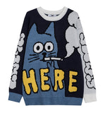 Aidase Men Sweater Cartoon Funny Cat Print O-Nec Pullover Sweaters Men Soft Slim Casual High Street Fashion Autumn Streetwear aidase-shop