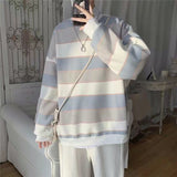 Long-sleeved striped T-shirt men's Korean loose hip hop top trend all-match handsome Hong Kong style O-neck casual sweatshirt aidase-shop