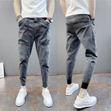 Summer men's thin foot casual jeans pants solid color elastic bouques spirit small guy foot trend men's pants aidase-shop