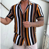 New Men's Shirt Fashion Stripes print Short Sleeve Shirt Summer Shirt Men Turn-down Collar Button Casual Shirt Men's Clothing aidase-shop