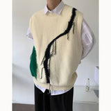 Autumn Sweater Vest Men Fashion Contrast Color V-neck Knitted Pullover Men Korean Loose Sleeveless Sweater Mens Jumper Clothes aidase-shop