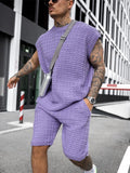 Streetwear Summer Men Fashion Outfits Knitted Solid Color Loose Two Piece Sets Mens Casual O Neck Pullover And Shorts Suits aidase-shop