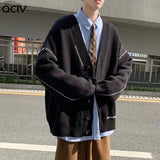 Aidase  Men Cardigans V-neck Baggy Harajuku BF Spliced Black Sweaters Male Ins Handsome Korean Trendy Knitting Outwear Oversize Jumpers aidase-shop