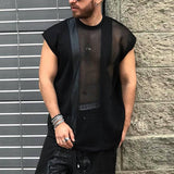 Aidase  Fashion Men Tank Tops Mesh Patchwork Transparent O-neck Sleeveless Casual Vests 2022 Streetwear Sexy Men Clothing 5XL 7 aidase-shop