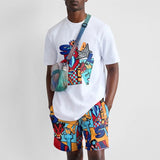 Men's Casual Outfit Cartoon Print O Neck Short Sleeve T-Shirt and Shorts Set Men's Casual Street Casual Sweatshirt 2-Piece aidase-shop