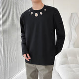 Autumn Cotton Black Long-sleeved T-shirt Men Slim Fashion Casual Hole T Shirt Men Korean Loose O-neck Pullover Tshirt Mens Top aidase-shop