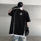 Summer New Metal Zipper Trend T-shirt Mens Baggy Y2k Short Sleeve American Fashion Casual Tee Male Hio Hop Tops aidase-shop