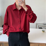 Long sleeve shirt men Double Collar Ice Silk Shirt Men Vintage Wine Red Shirts Men Korean Comfortable Blouse Casual Loose Shirt aidase-shop