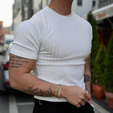 Fashion Solid Color Ribbed Slim T Shirts Men's Streetwear Classic Simple Crew Neck Short Sleeve Tees Summer Leisure Men Clothes aidase-shop