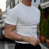 Fashion Solid Color Ribbed Slim T Shirts Men's Streetwear Classic Simple Crew Neck Short Sleeve Tees Summer Leisure Men Clothes aidase-shop