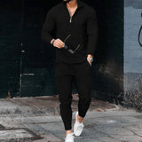 Aidase Men's Activewear Casual Half Zip Stand Collar Long Sleeve Pullover T-Shirt and Pant Set Men's Streetwear Solid Color 2 Piece Set aidase-shop