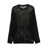 New Men's Vintage Loose Smock Tops Summer Fashion All-match Casual Geometic Hollow Out Outfits See-though Knit Shirts aidase-shop