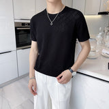 Summer Short-sleeved T-shirt Men Slim Fit Fashion Casual Plaid Tshirt Men British Style Casual O-Neck Ice Silk T Shirt Men Tops aidase-shop