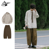 Japanese Two-piece Set Spring Summer Vintage Striped Men Women Long-sleeved Shirt+Harajuku Loose Straight-leg Cargo Pants Unisex aidase-shop