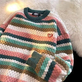 Harajuku Streetwear Daisy Rainbow Striped Vintage Knitted Sweater Autumn Winter Loose Thicken Warm Hip Hop Pullover Sweater Men aidase-shop