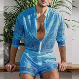 New Arrivals Men Set Summer Sexy See Through Lace Outfits Beach Fashion Short Sleeved Tops And Shorts Mens Two Piece Suits aidase-shop