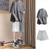 Summer Short Sleeved T-shirt Set Men's Hip Hop Handsome Two-piece Suit Preppy Loose Fitting Split T-shirt Hong Kong Style Shorts aidase-shop