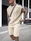 Streetwear Summer Men Fashion Outfits Knitted Solid Color Loose Two Piece Sets Mens Casual O Neck Pullover And Shorts Suits aidase-shop